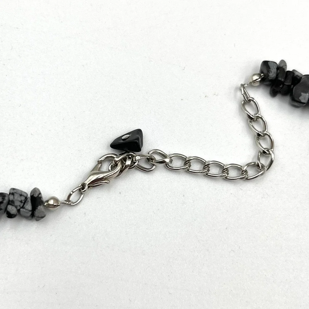 Vintage Natural Snowflake Obsidian Chip Bead Necklace Large Center Stone Pendant